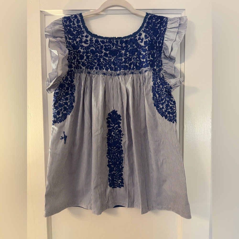 Mi Golondrina Eva Blue and White Embroidered Blouse NWT